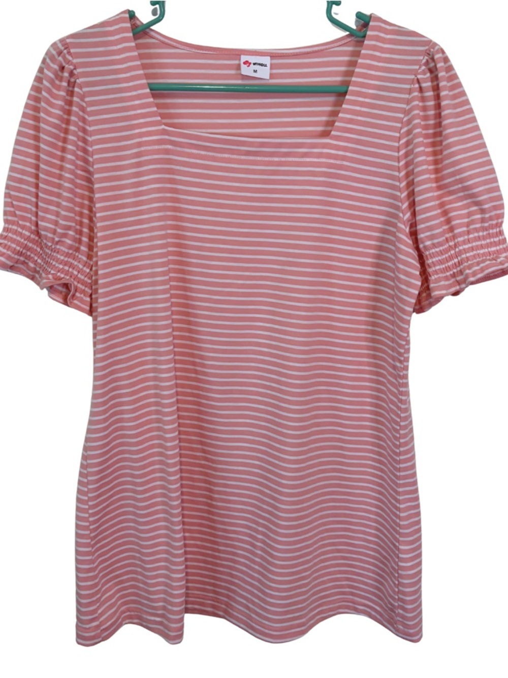 3/$20 Wiholl Pink and White Striped Square Neck Short Sleeve Shirt